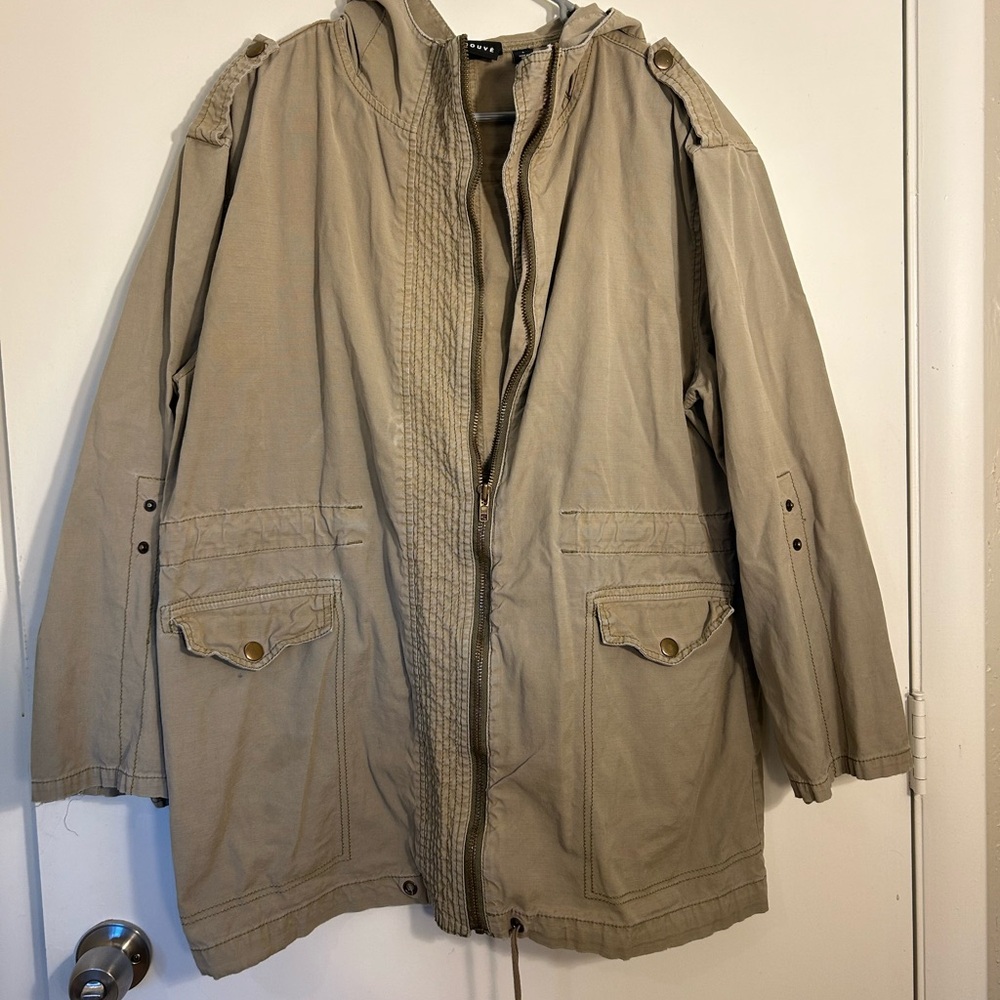 Trouve Tan Military Field Jacket with Hood and Relaxed Fit